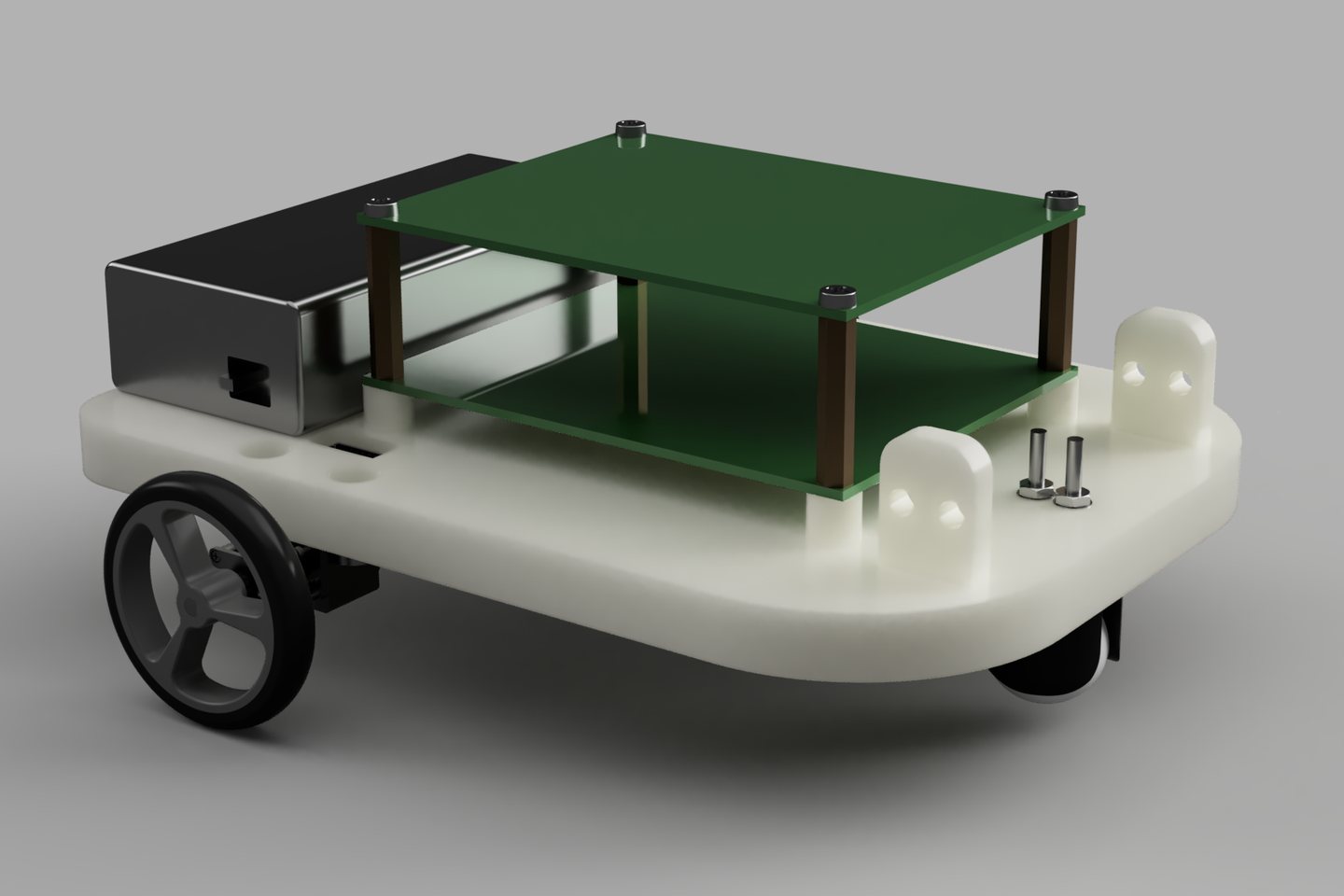 Render CAD robota SAIR v1 z boku: biała drukowana platforma na dwóch kołach napędowych, nad nią dwie zielone płytki na dystansach, z lewej czarna obudowa baterii