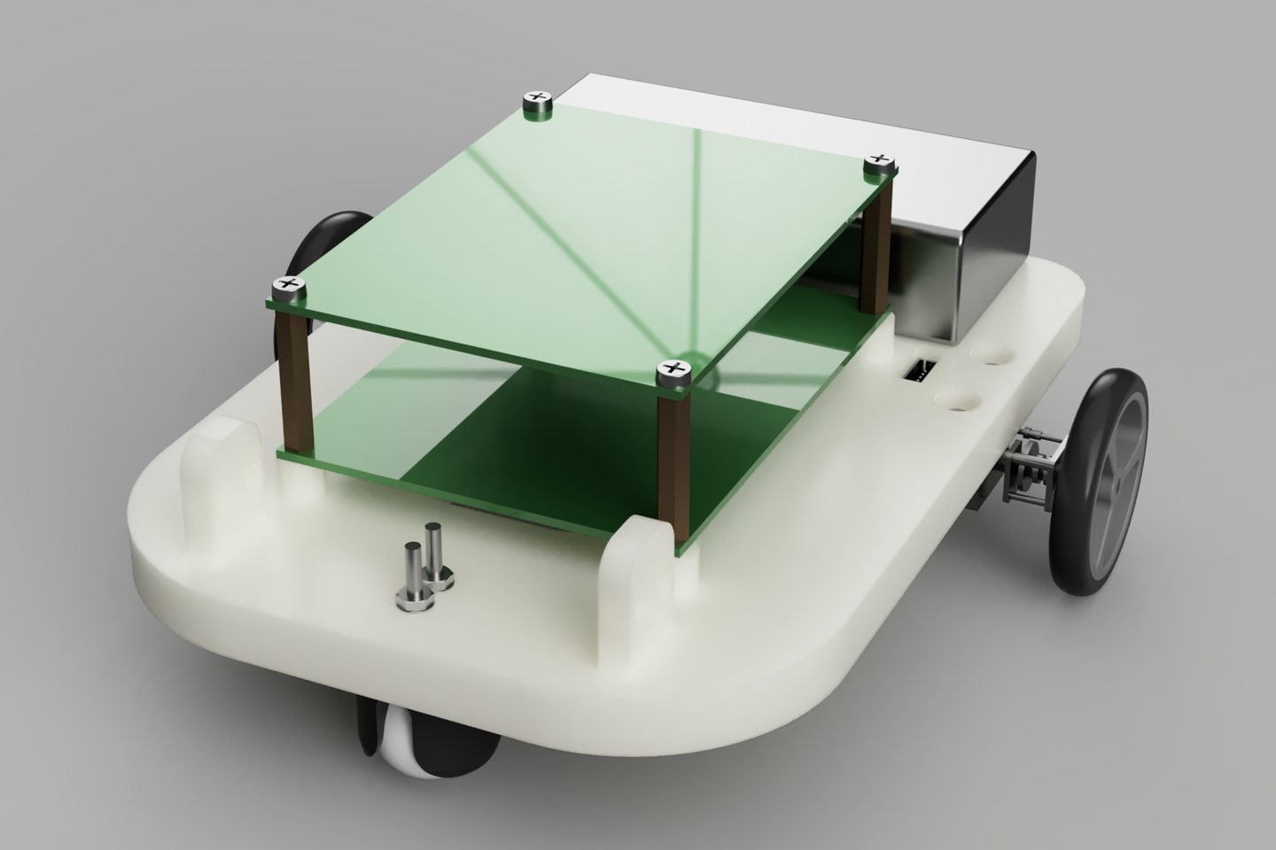 Render CAD robota SAIR v1 od góry: piętrowe rusztowanie płytek na czterech dystansach, koło napędowe z przekładnią N20 i przednie koło podporowe
